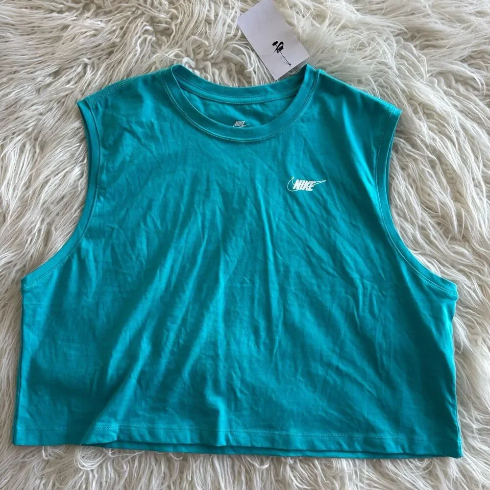 Nike Club Sleeveless Crop Logo Tee Dusty Cactus Size Large
